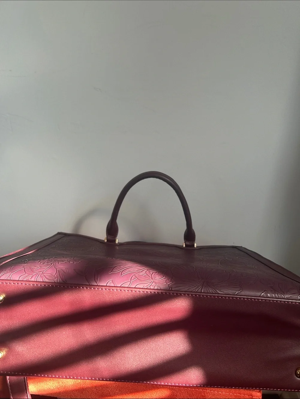 Women's Embossed Floral Tote laptop Bag - Burgundy